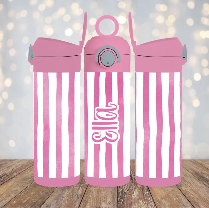 Cabana Stripes 12oz Girl Tumbler, Personalized Leak Proof Flip Top Sport Water Bottle