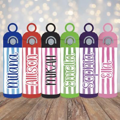 Cabana Stripes 12oz Girl Tumbler, Personalized Leak Proof Flip Top Sport Water Bottle