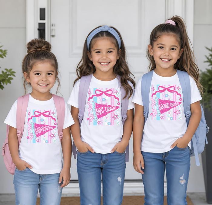 Retro Striped Floral Pennant Flag Coquette Bow Girls Back to School Shirt