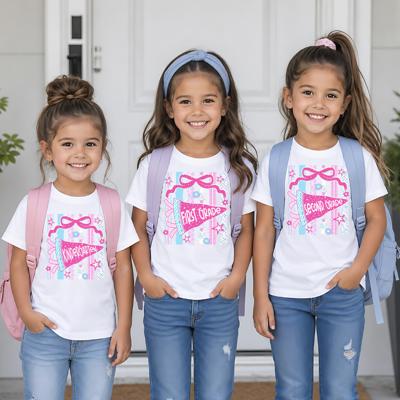 Retro Striped Floral Pennant Flag Coquette Bow Girls Back to School Shirt