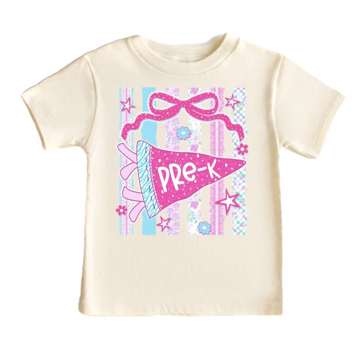 Retro Striped Floral Pennant Flag Coquette Bow Girls Back to School Shirt