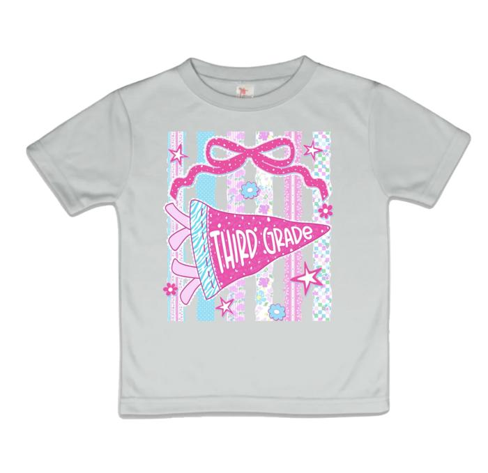Retro Striped Floral Pennant Flag Coquette Bow Girls Back to School Shirt