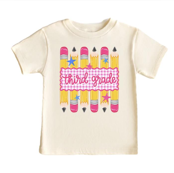 Back to School Girls Preppy Pencil Gingham Stripes Tee Shirt