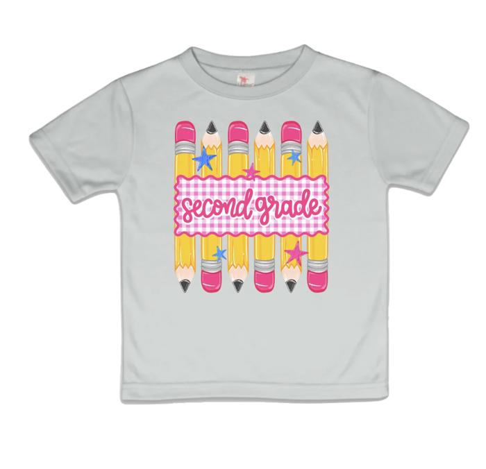 Back to School Girls Preppy Pencil Gingham Stripes Tee Shirt