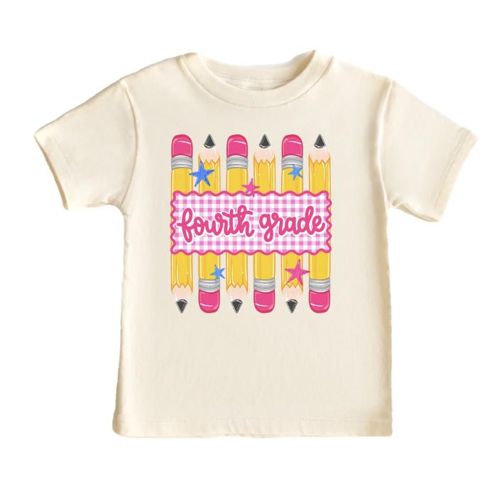 Back to School Girls Preppy Pencil Gingham Stripes Tee Shirt