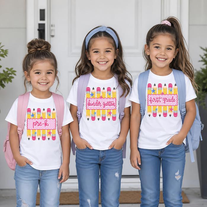 Back to School Girls Preppy Pencil Gingham Stripes Tee Shirt