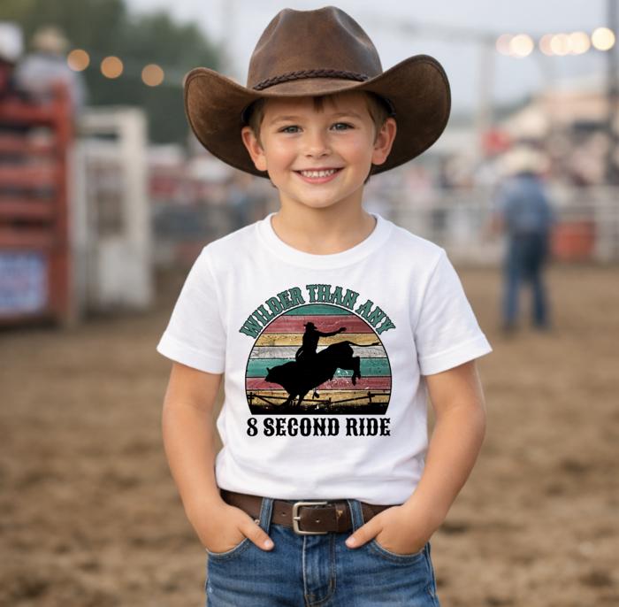 Wilder Than Any 8 Second Ride Western Rodeo Kids Tee Shirt
