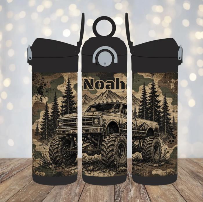 Monster Truck 12 oz Kids Water Bottle, Custom Name Tumbler, Camo Off Road Truck Cup, Personalized Stainless Steel Flip Straw Bottle