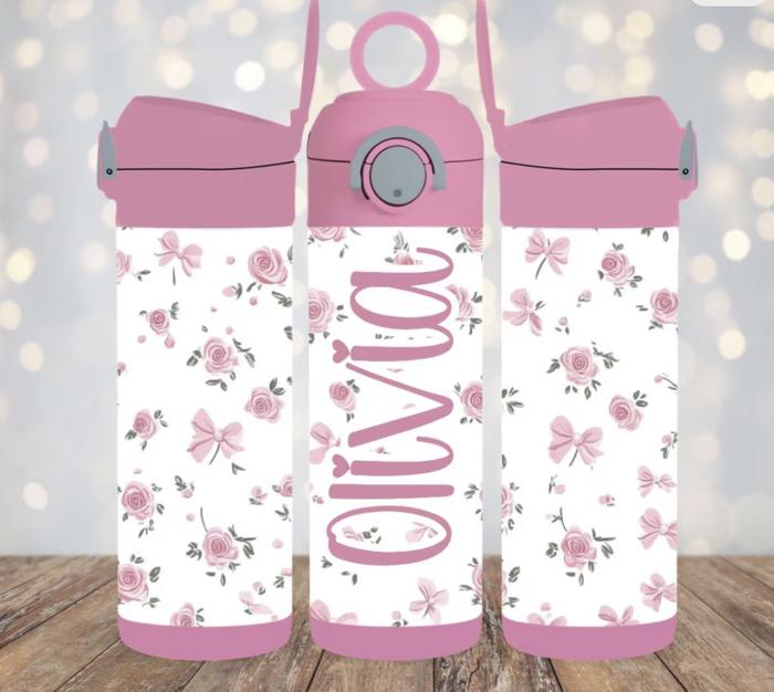 Girls Personalized Pink Flip Top 12 oz Tumblers and Straw