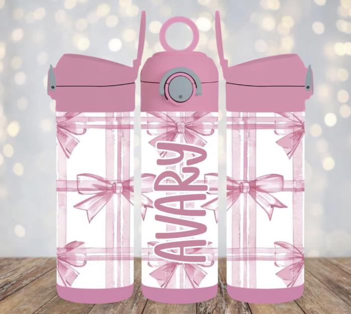 Girls Personalized Pink Flip Top 12 oz Tumblers and Straw