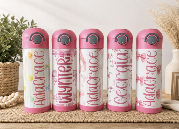 Girls Personalized Pink Flip Top 12 oz Tumblers and Straw