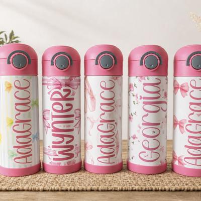 Girls Personalized Pink Flip Top 12 oz Tumblers and Straw
