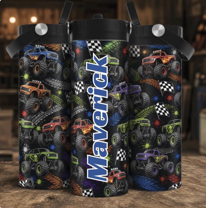 20 oz Kids Racing Tumbler, Personalized Truck Cup, Boys Water Bottle, Monster Truck Cup, Custom Kids Tumbler, Motocross Birthday Gift