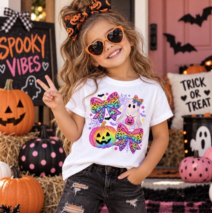 Girls Neon Halloween Ghost and Bows Tee Shirt