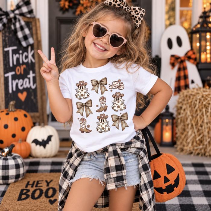 Girls Western Boots and Bows Halloween Tee Shirt
