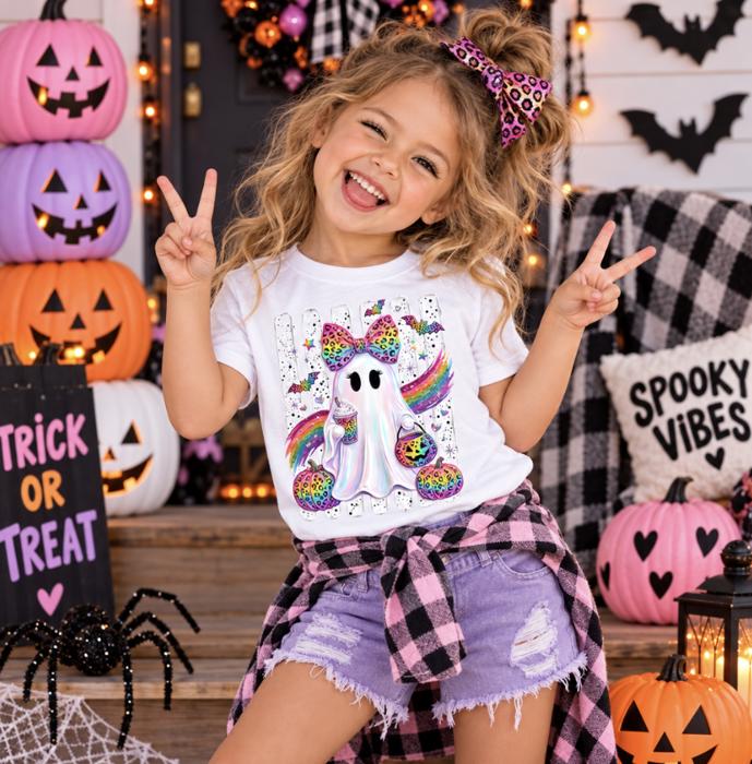 Girls Neon Rainbow Ghost Halloween Tee Shirt