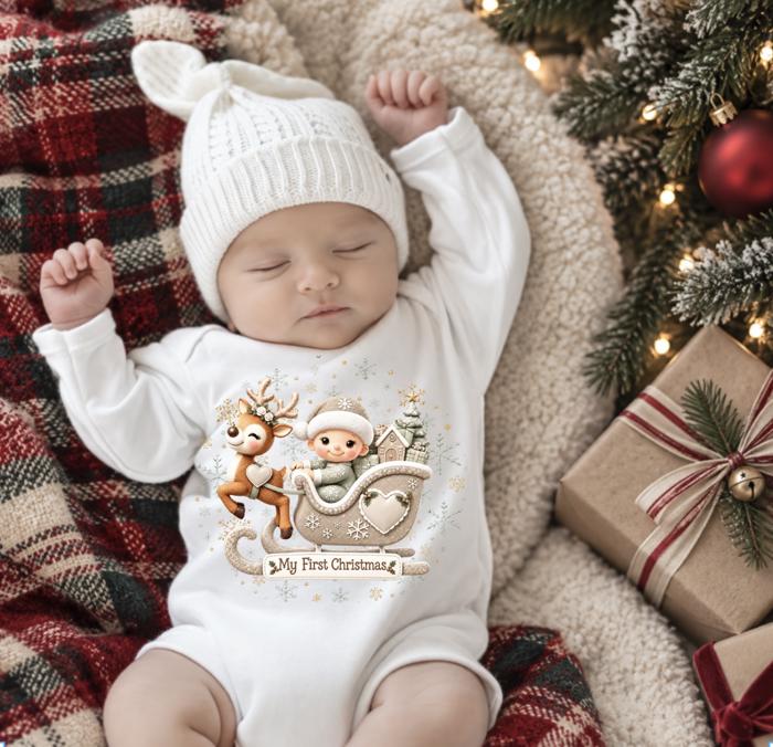 My First Christmas Baby Onesie, Personalized Name and Date 