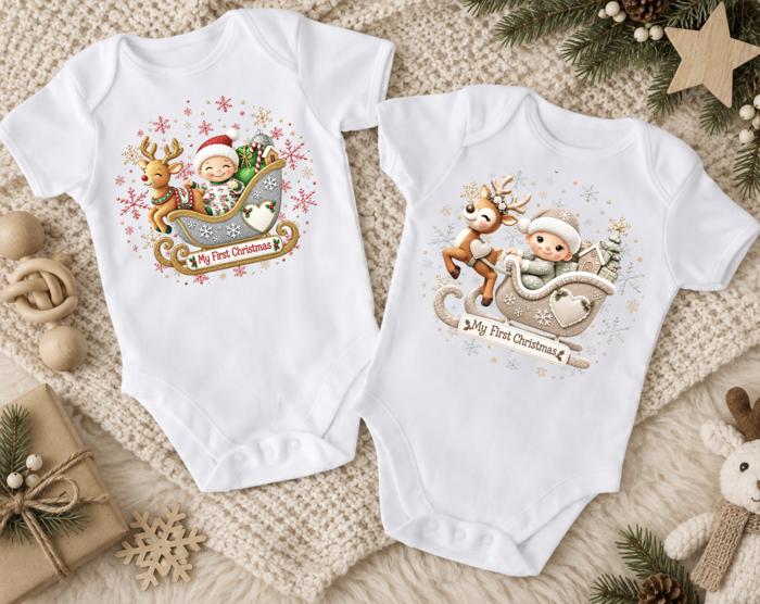 My First Christmas Baby Onesie, Personalized Name and Date 
