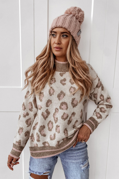 The Jenny | Brown and Pink Contrast Leopard Sweater