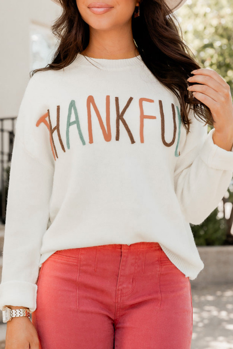 Plus Size Thankful Ivory Embroidered Sweater