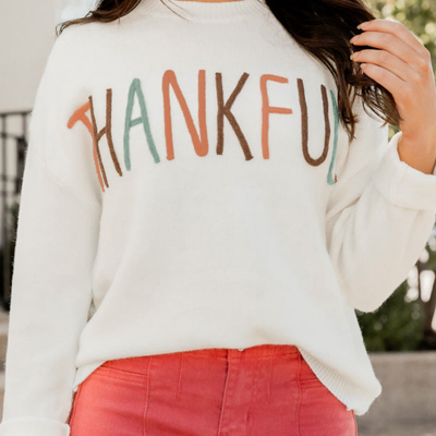 Plus Size Thankful Ivory Embroidered Sweater