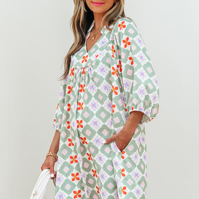 Geometric Floral Print 3/4 Sleeve Notched Neck Mini Dress