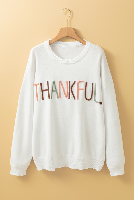 Plus Size Thankful Ivory Embroidered Sweater