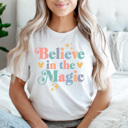 XL White Believe In The Magic Graphic Tee, Theme Park Magic Shirt, Magical Mouse Graphic 