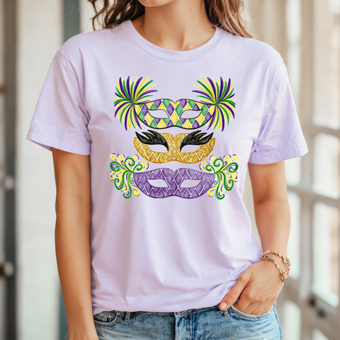 Mardi Gras Masks Graphic Tee, Faux Glitter Carnival Mask Tee, Fat Tuesday shirt