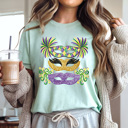 XL Mint Mardi Gras Masks Graphic Tee, Faux Glitter Carnival Mask Tee, Fat Tuesday shirt