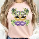 Small Peach Mardi Gras Masks Graphic Tee, Faux Glitter Carnival Mask Tee, Fat Tuesday shirt