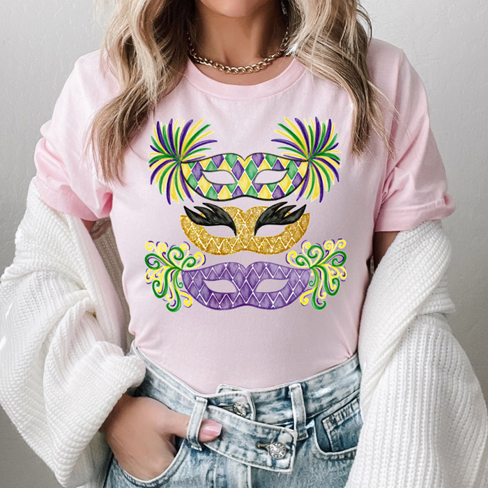 Mardi Gras Masks Graphic Tee, Faux Glitter Carnival Mask Tee, Fat Tuesday shirt