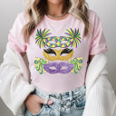 Small Pink Mardi Gras Masks Graphic Tee, Faux Glitter Carnival Mask Tee, Fat Tuesday shirt