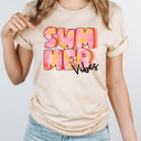 Large Cream Summer Vibes Tie Dye Gaphic Tee, Pink Tie Dye Design, Summer Sun Tee