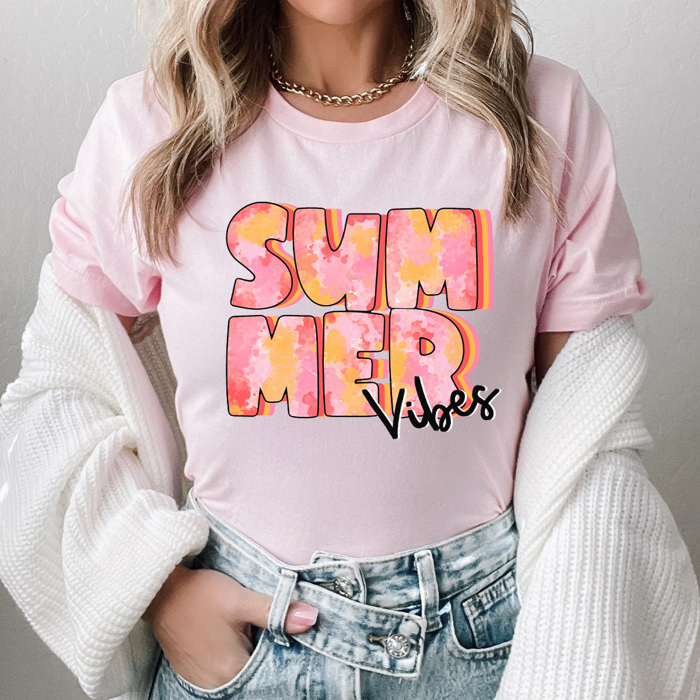 Summer Vibes Tie Dye Gaphic Tee, Pink Tie Dye Design, Summer Sun Tee
