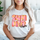Medium White Summer Vibes Tie Dye Gaphic Tee, Pink Tie Dye Design, Summer Sun Tee