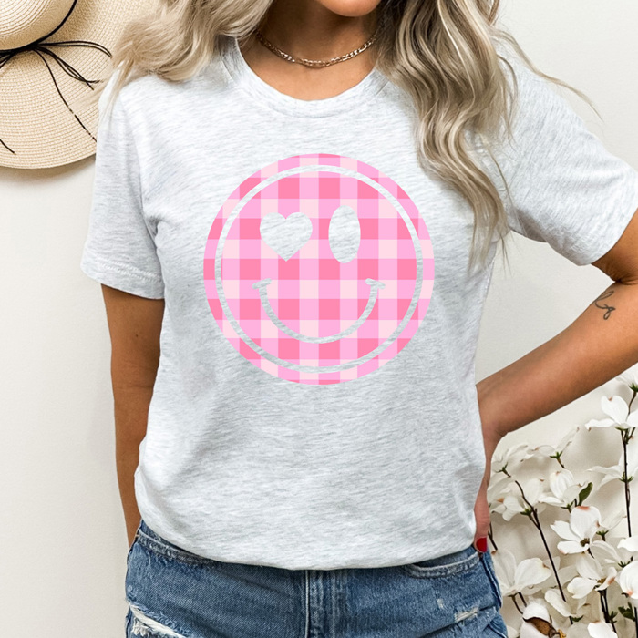 Pink Gingham Smiley Face Graphic Tee, Heart Eyes Shirt 