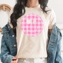 Small Cream Pink Gingham Smiley Face Graphic Tee, Heart Eyes Shirt 