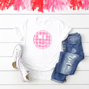 Medium White Pink Gingham Smiley Face Graphic Tee, Heart Eyes Shirt 