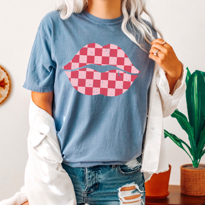 Checkered Lips Comfort Colors Tee, Valentines Pink Lips Graphic Tee, Galantines Shirt