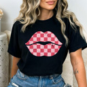 XXL Black Checkered Lips Comfort Colors Tee, Valentines Pink Lips Graphic Tee, Galantines Shirt