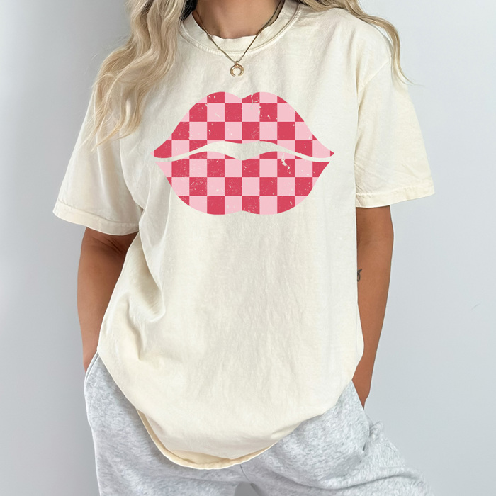 Checkered Lips Comfort Colors Tee, Valentines Pink Lips Graphic Tee, Galantines Shirt