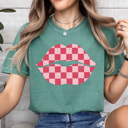 Medium Light Green Checkered Lips Comfort Colors Tee, Valentines Pink Lips Graphic Tee, Galantines Shirt