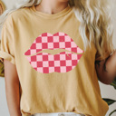 XXL Mustard Checkered Lips Comfort Colors Tee, Valentines Pink Lips Graphic Tee, Galantines Shirt