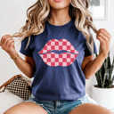 Small Navy Checkered Lips Comfort Colors Tee, Valentines Pink Lips Graphic Tee, Galantines Shirt