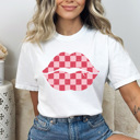 Large White Checkered Lips Comfort Colors Tee, Valentines Pink Lips Graphic Tee, Galantines Shirt