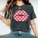  Checkered Lips Comfort Colors Tee, Valentines Pink Lips Graphic Tee, Galantines Shirt