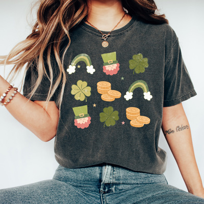 Vintage St Patrick's Day Grid Comfort Colors Tee, Leprechaun Gold Shirt, Green Shamrock Tee