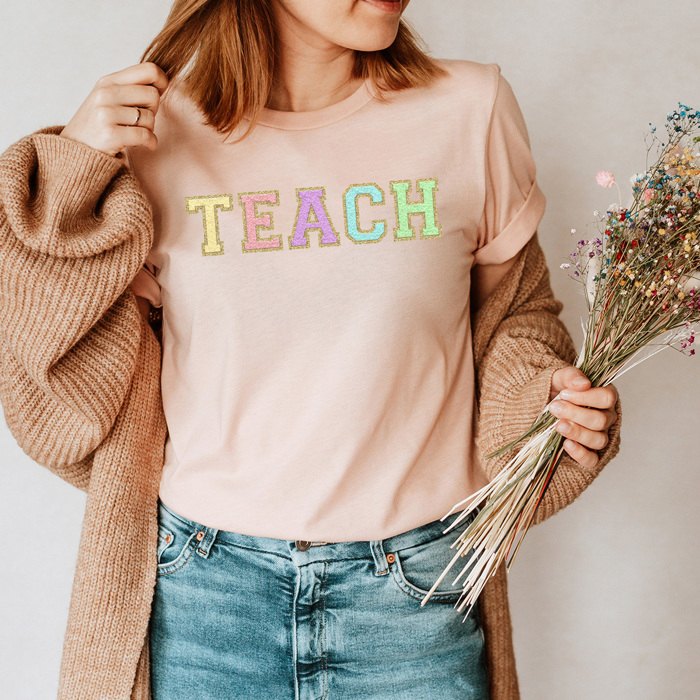Faux Chenille Teach Basic Graphic Tee, Teacher Colorful Shirt, School Teacher Tee