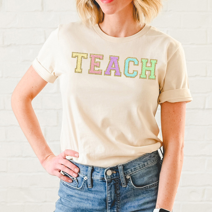 Faux Chenille Teach Basic Graphic Tee, Teacher Colorful Shirt, School Teacher Tee